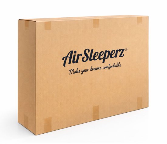 Een gesloten kartonnen doos met het 'Air Sleeperz' logo en de tekst 'Make your dreams comfortable'.