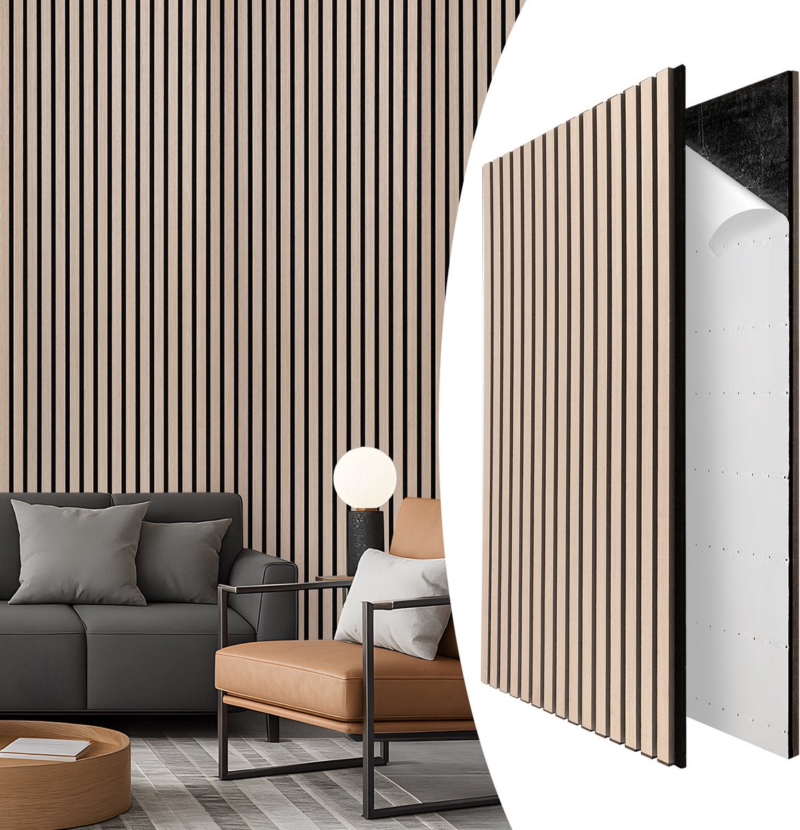 1x Zelfklevende akoestische panelen van houten latten 60 x 120 x 2,1 cm eikenhouten look
