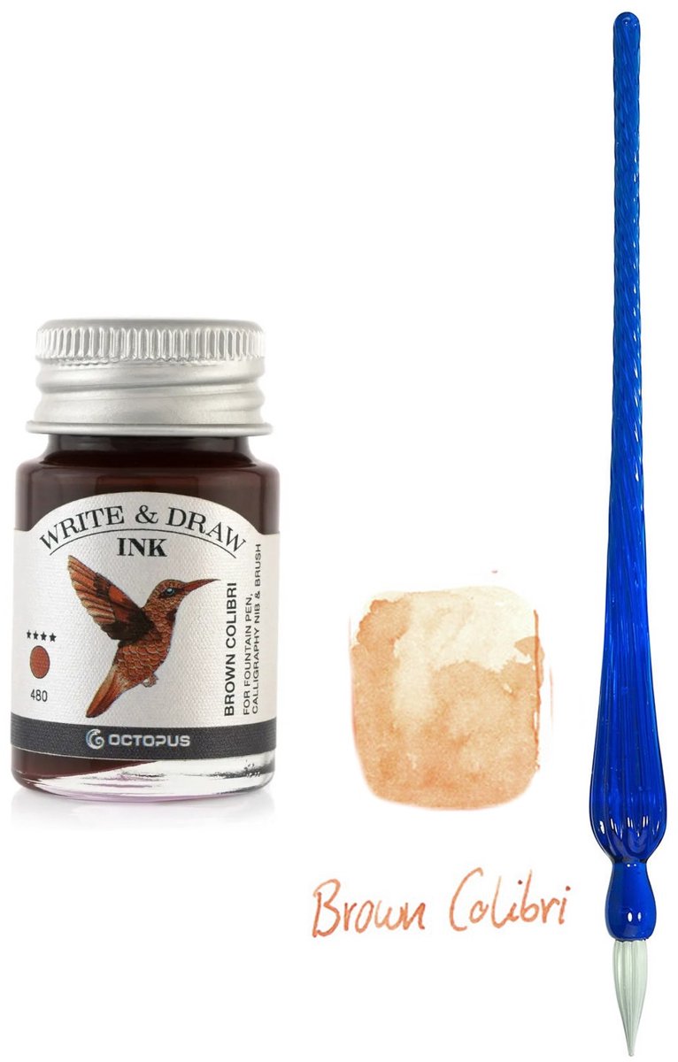 Glazen dip pen set in doosje - Blauw - Potje Octopus inkt brown colibri