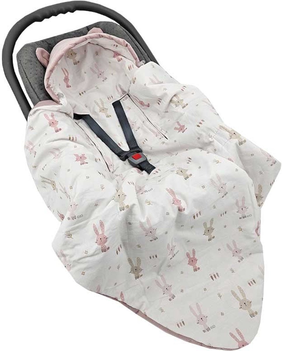 Velvet car seat sleeping bag for 3- and 5-point harnesses — Bunny / Rose Pink