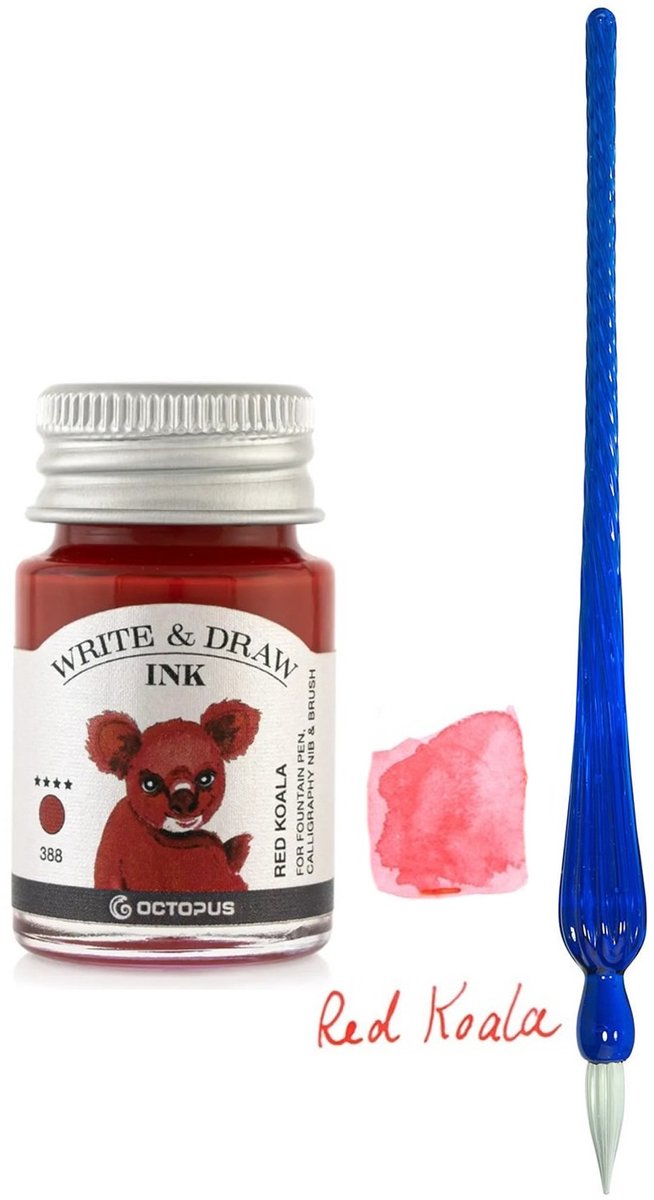 Glazen dip pen set in doosje - Blauw - Potje Octopus inkt red koala