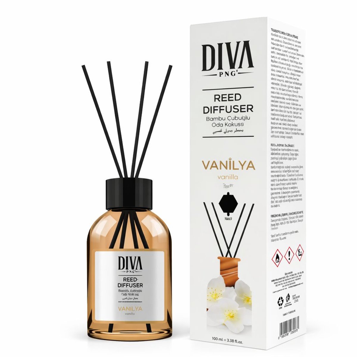 DIVA PNG Reed Diffuser Vanilya 100ml – Geurstokjes met Vanillaparfum – Luxe Huisparfum met Bamboestokjes – Langdurige Geurverspreiding