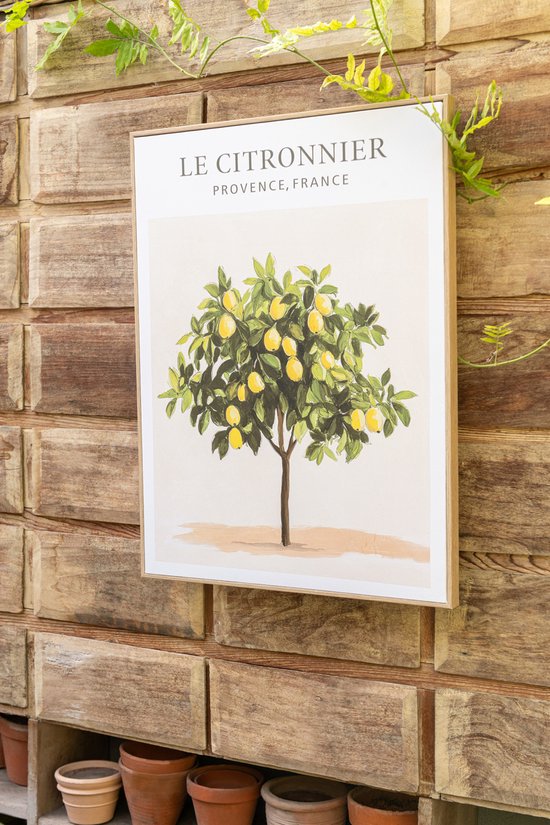 Toile peinte d'un citronnier dans un cadre en bois, suspendue à un mur en bois.