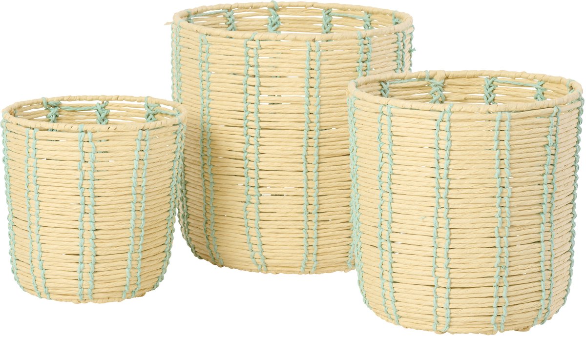 J-Line mand Rond Gestreept - ijzer/papier - naturel/azuurblauw - set van 3