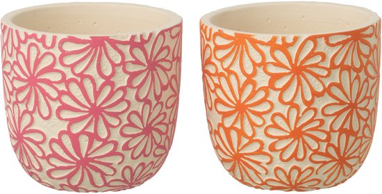 J-Line Cache-pot Rond Fleurs - céramique - rose/orange - large - 2 pièces