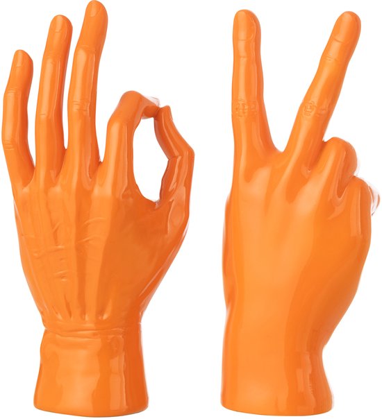 J-Line decoratie Beeldje Gebarentaal - polyresin - donkeroranje - set van 2