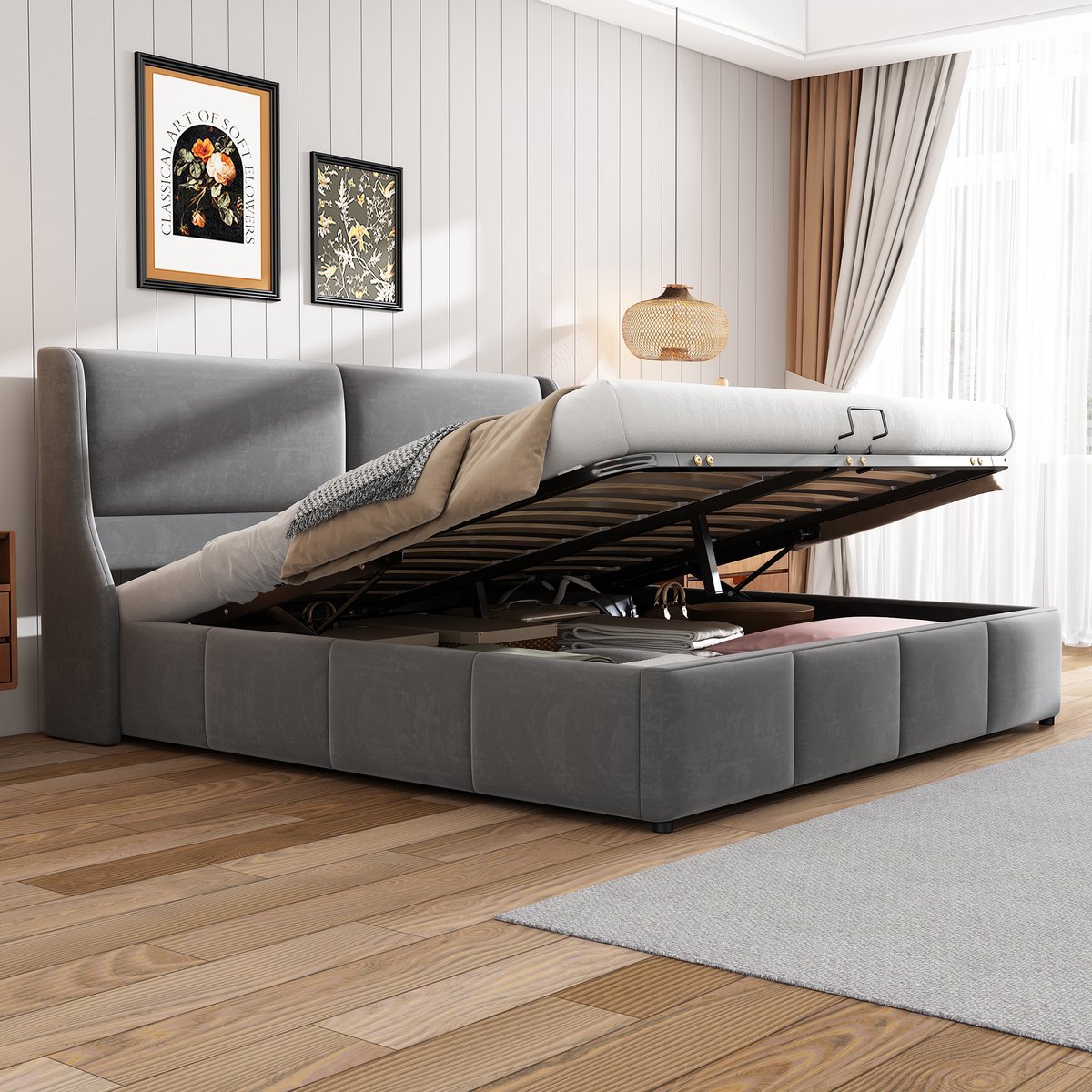 MIVRAY Gestoffeerd Bed 180x200 Cm - Tweepersoonsbed Met Opbergruimte En Hydraulische Lift - Inclusief Lattenbodem Zonder Matras - Fluweel - Grijs