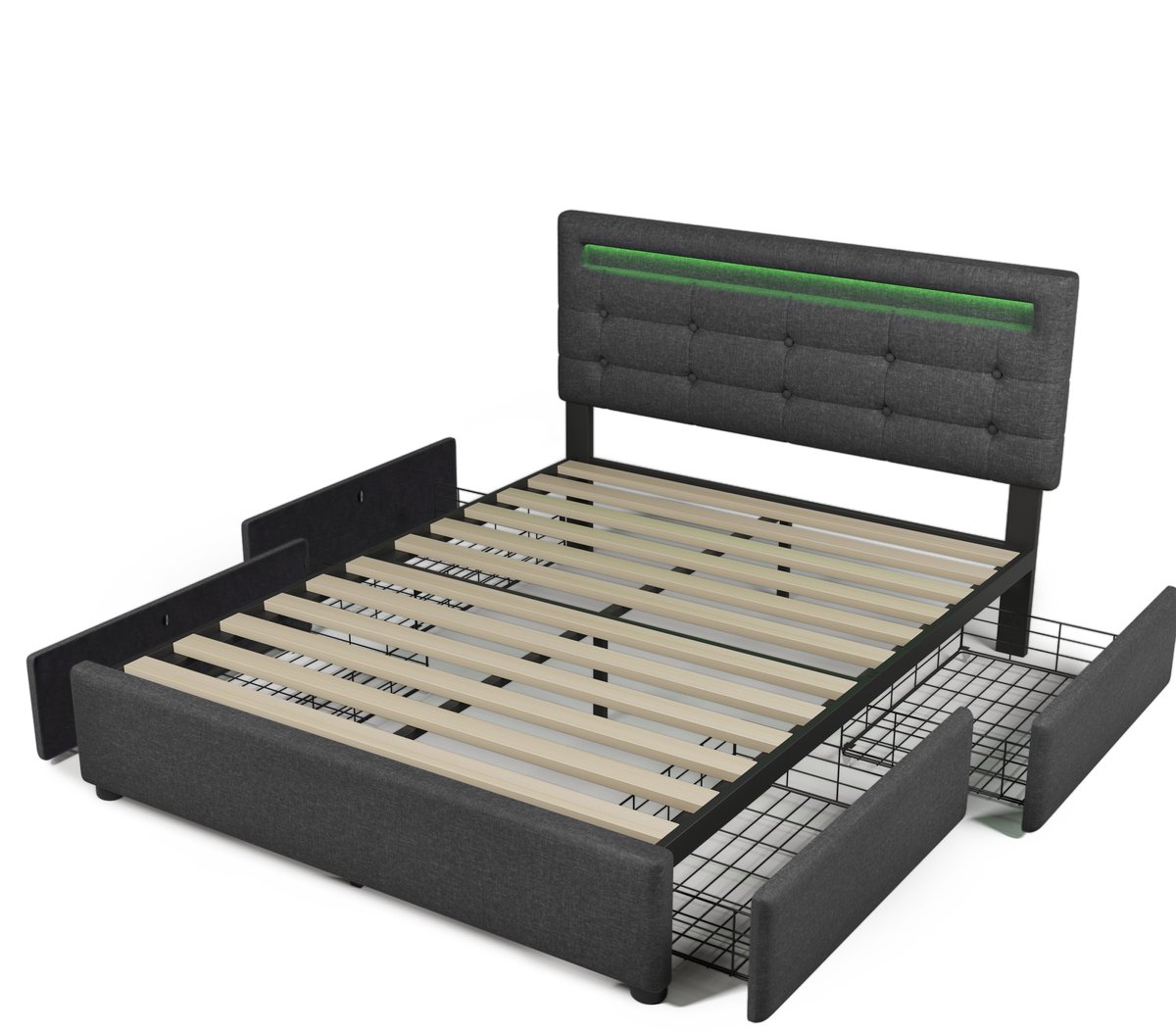 MIVRAY Gestoffeerd Bed 140x200 Cm Met Matras - Ledverlichting En 4 Lades - Verstelbaar Hoofdbord - Linnen - Grijs