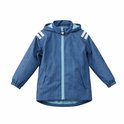 Blauw regenpak met visgraatpatroon, capuchon, reflecterende strepen op de schouders en een reflecterende streep onderaan.