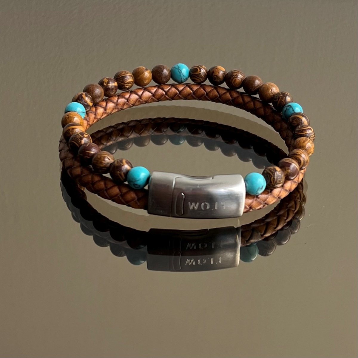 FlowJewels - Wolf Men - Heren armband - Leer - stainless Steel - Natuursteen