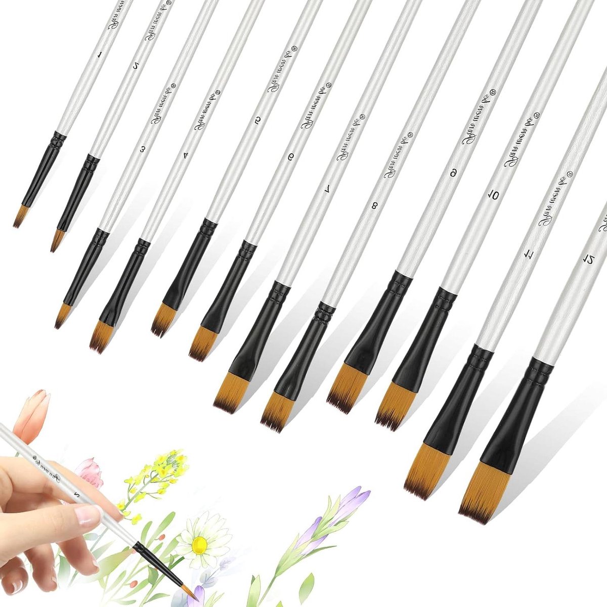 Platte penselen Set, 12 Stuks Kunstenaar Verf Borstel Nylon Art Craft Borstels Professionele Kunst Penselen Kit voor Acryl Aquarel Gouache Olieverfschilderij - Fijne Haarpenselen