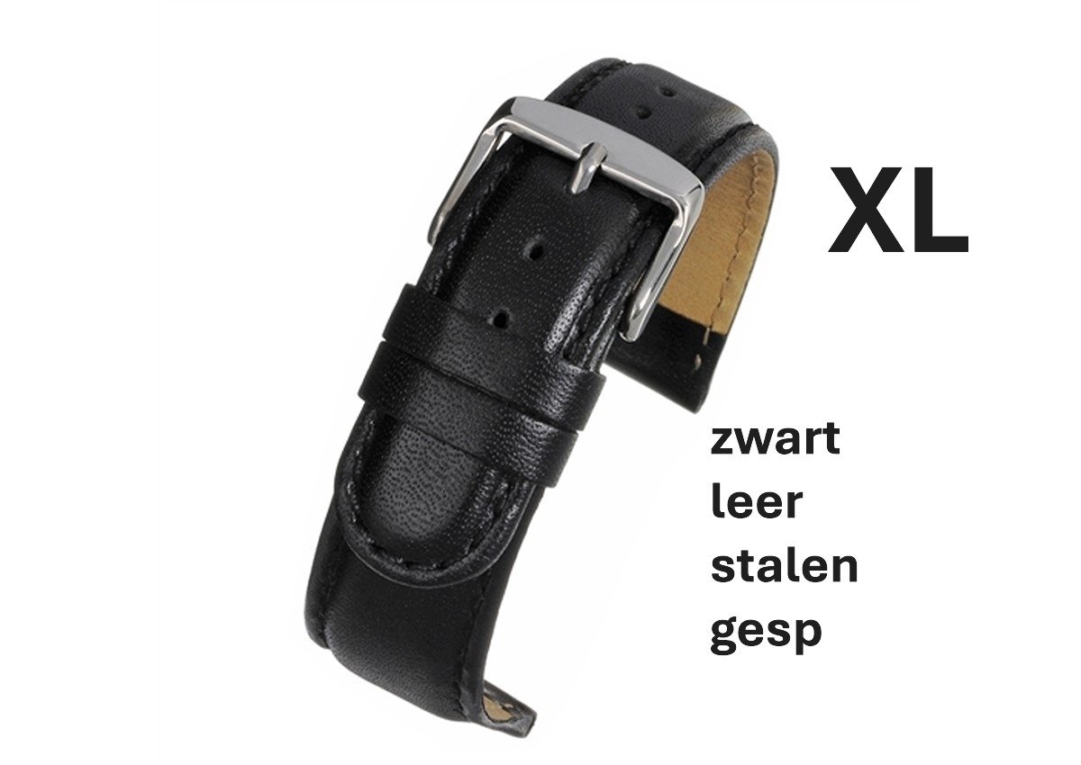 horlogeband-horlogebandje-16mm-echt leer-ZWART-zwart-gevuld-glad-zacht-soepel-XL- extra lang-16 mm