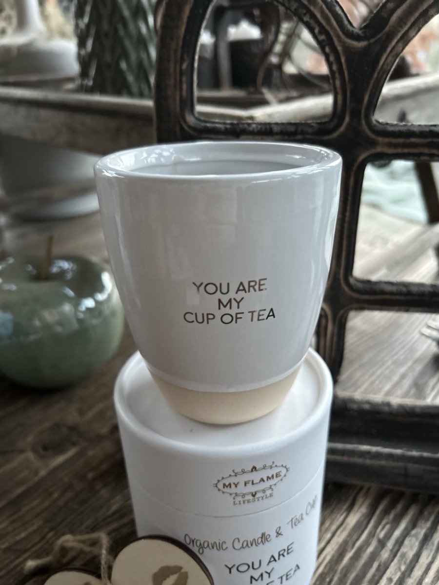 Creaties van hier Geurkaars in theemok My cup of tea met houten hartje – 10 cm – Herbalin fusion