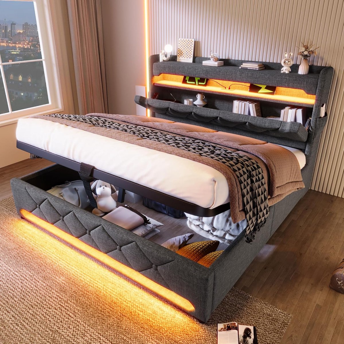 Gestoffeerd opbergbed 180x200 met LED hoofdbord, USB-oplaadfunctie & lattenbodem – hydraulisch tweepersoonsbed met opbergruimte – Pauwhome