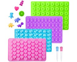 4 stuks - Snoepvormpjes - Siliconen Snoepvorm - IJsblokjesvormpjes - Gummibeervormen - Gummyvormpjes - Geleivormen - Ijsvormpjes - Chocoladevorm - met 2 pipetten - inclusief hart, dinosaurus, beer en donut - siliconen vormen - voor pudding, gelei