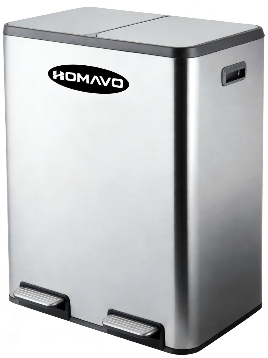 HOMAVO Pedaalemmer 60L (2x30L) - Dubbele Prullenbak - RVS Afvalemmer met 2 Pedalen - Afvalscheiding - Zilver