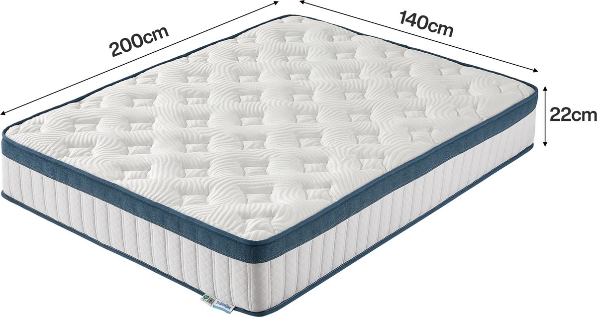 Tribesigns Pocketveringmatras - Matras 140x200 - 22cm dik - Binnenveringmatras met Gel-Traagschuim - met Oeko TEX Certificaat - 7 Zone Orthopedisch Matras - Pocketveringmatras Gemiddelde Hardheid H3 thumbnail 2