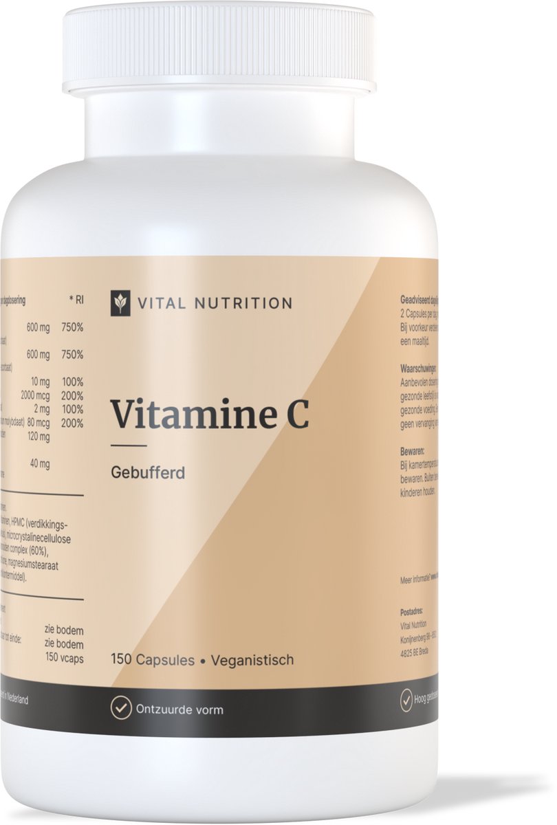 Vitamine C Gebufferd - Ontzuurde vorm - 600 mg vitamine C - Met citrus bioflavonoïden - Aangevuld met essentiële mineralen - 150 capsules