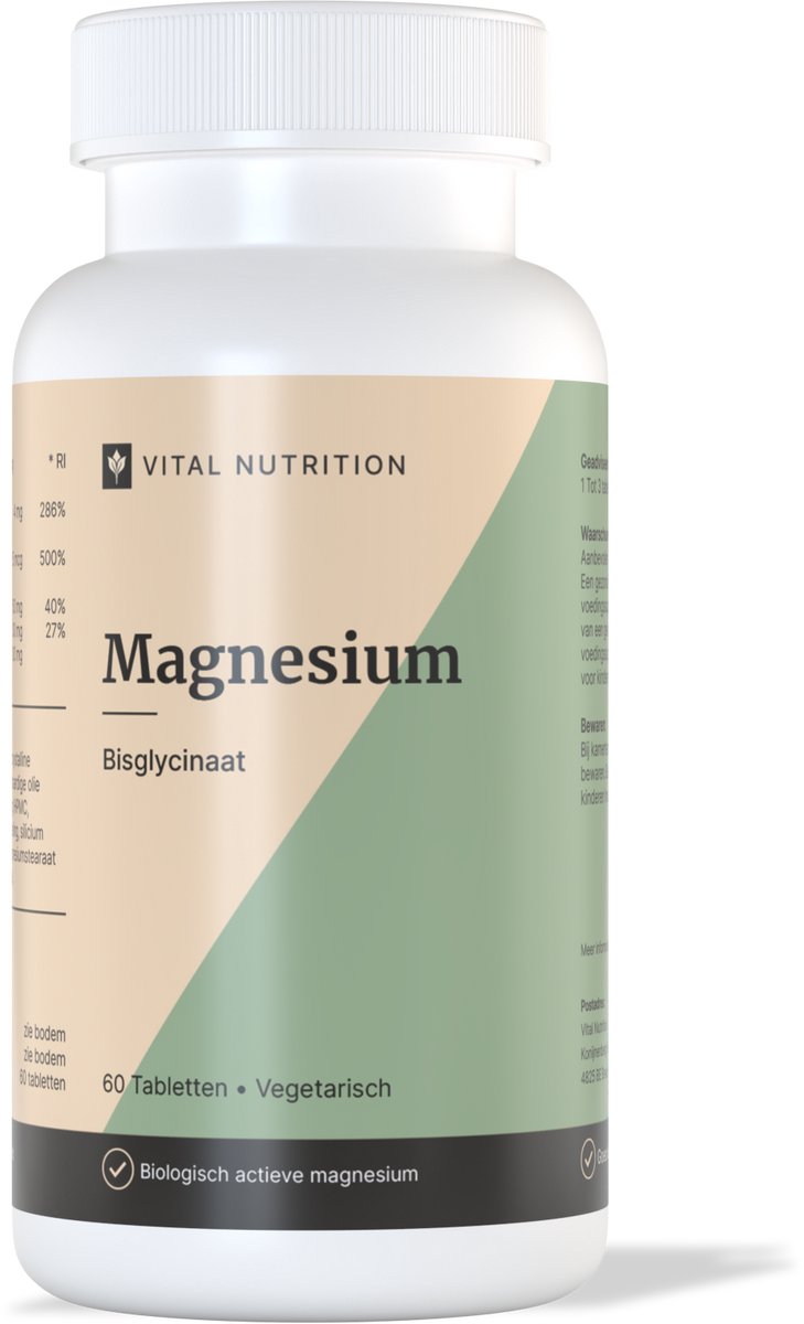 Vital Nutrition - Magnesium Bisglycinaat - Organisch gebonden - Goed opneembaar - Met D3, B6 & Taurine - 60 Tabletten
