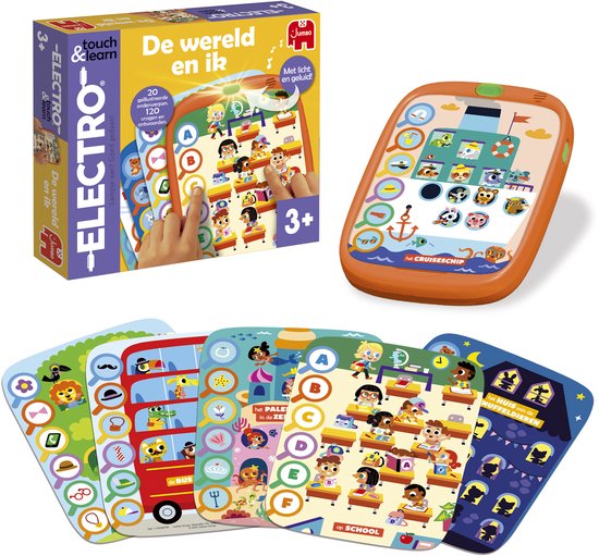 Electro speldoos met oranje tablet en vier losse spelbladen met thema's zoals school, bus en de zee.