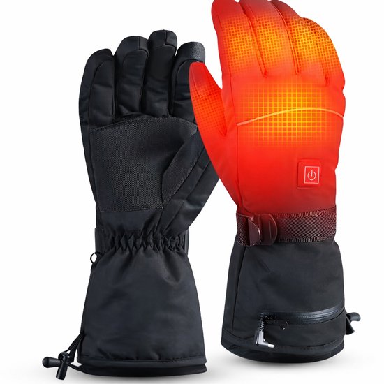 Paar zwarte handschoenen, één met rode gloed die verwarming aangeeft. Sluiting met rits en gesp.