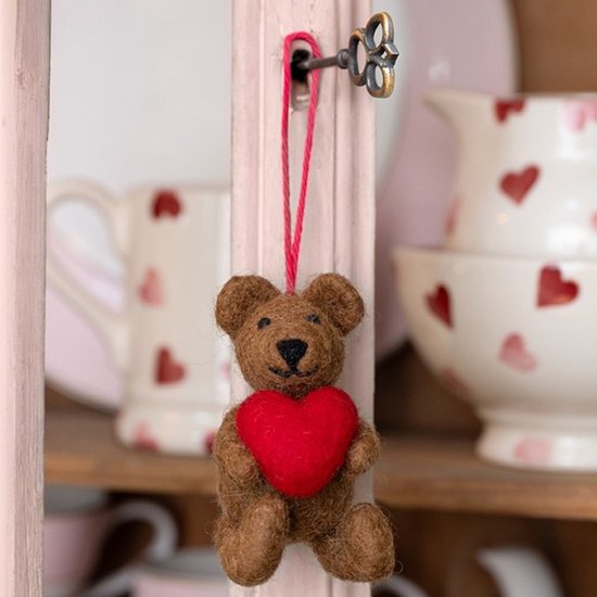 Wolvilt Hanger Teddybeertje met Rood Hartje - Fairtrade Homedeco - 9x5x5cm — afbeelding 5