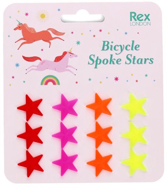 Rex London fietsspaaksterren verpakking met rode, roze, oranje en gele sterren en illustraties van eenhoorns.