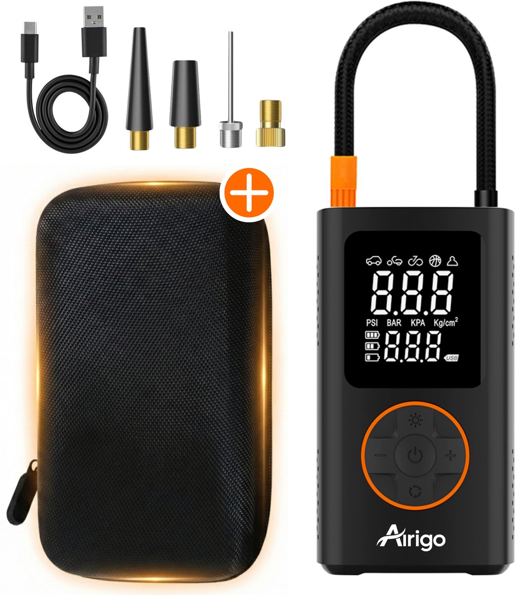 Airigo® Luchtcompressor – Elektrische Fietspomp – Bandenpomp – Compact & Draadloos – Auto-stop & 5 Presets – Helder Display – USB-C Opladen – Powerbankfunctie – LED-Licht – Harde Beschermhoes – Precies Oppompen – voor Auto/Fiets/Motor/Ballen