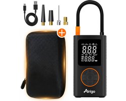 Airigo® Luchtcompressor – Elektrische Fietspomp – Bandenpomp – Compact & Draadloos – Auto-stop & 5 Presets – Helder Display – USB-C Opladen – Powerbankfunctie – LED-Licht – Harde Beschermhoes – Precies Oppompen – voor Auto/Fiets/Motor/Ballen