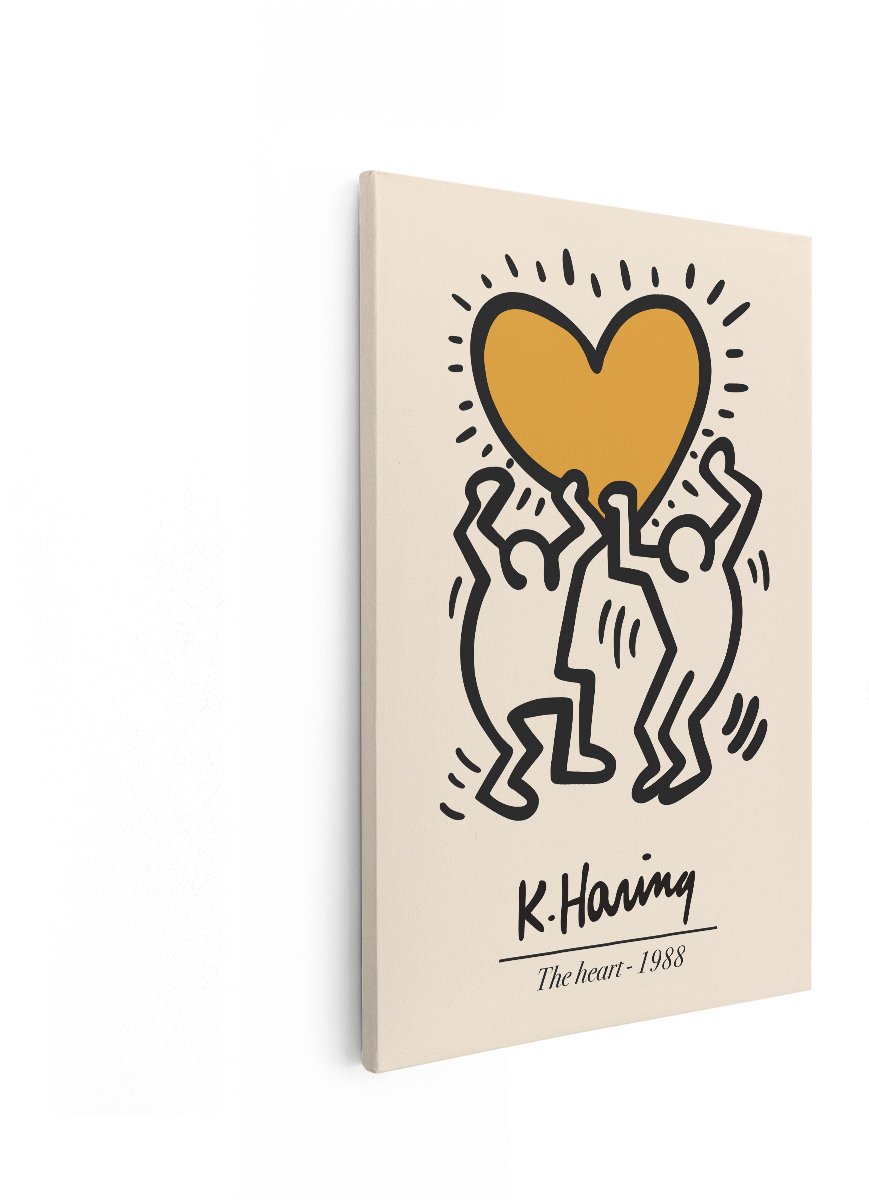 Artaza Canvas Schilderij Keith Haring - 80x120 cm - Wanddecoratie Hart - Muurdecoratie Pop Art - Decoratie Moderne Kunst - Oranje