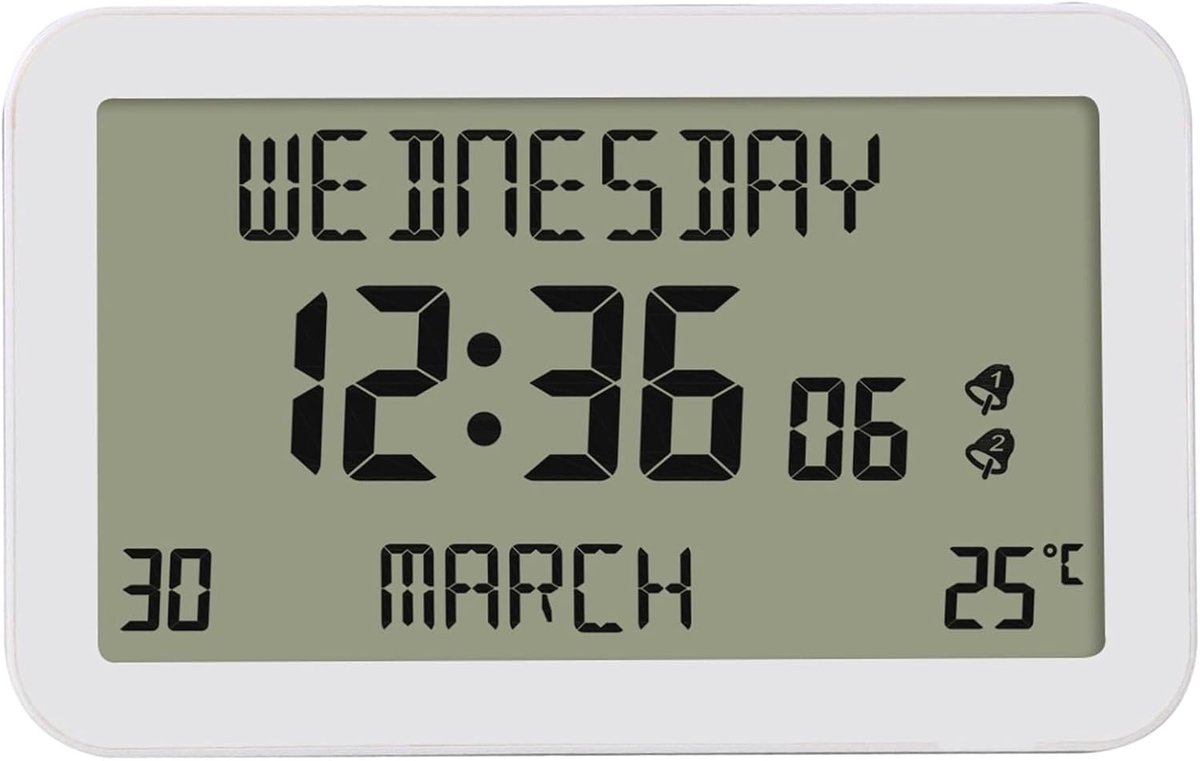 Digitale Klok - LCD Wekker - Meertalige Weekdag - Dubbele Alarm Instelling - 23x14 cm - Wit