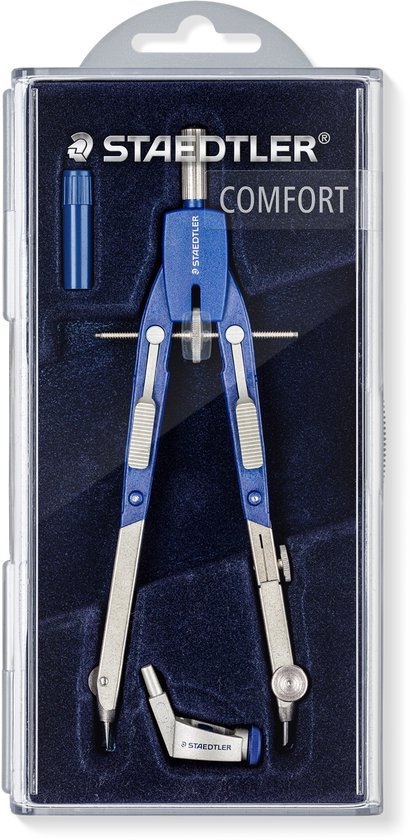 Compas Staedtler comfort à branches bleues et argentées, en emballage plastique.