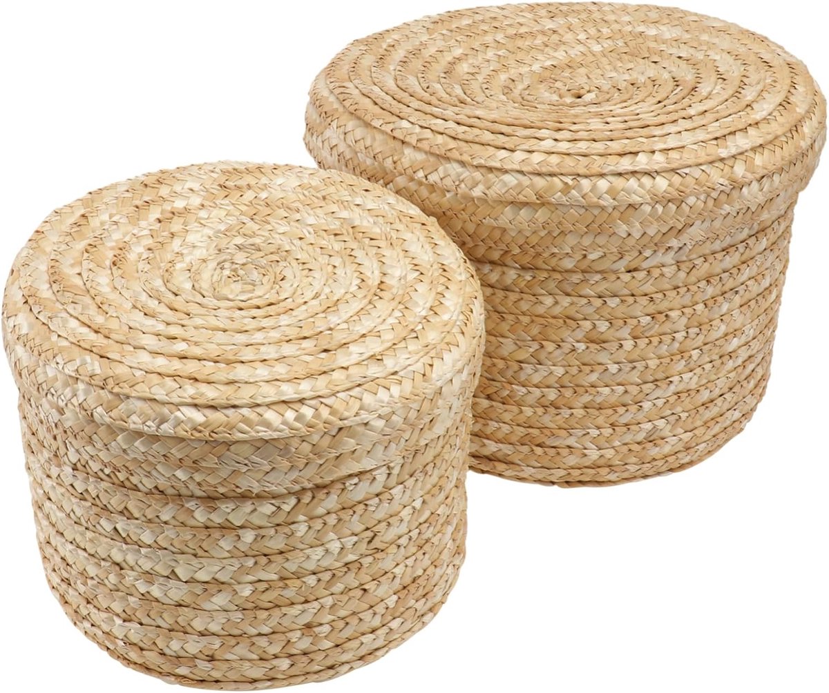 Decoratieve Opbergmanden - Rieten Dozen - Multifunctioneel - Met Deksel - 22x22cm - Khaki