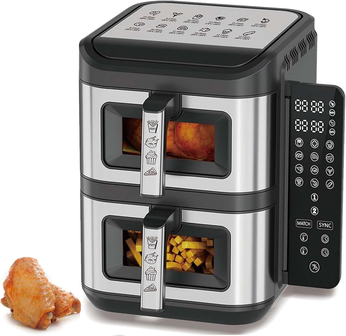 Dubbele Mand Airfryer - Heteluchtfriteuse - Gezond Koken - Dubbele Kook Synchronisatie - 12L Totale Capaciteit - Zwart RVS