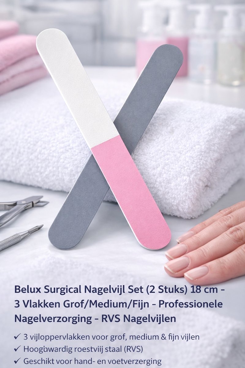 Belux Surgical Instruments / Set (2 Stuks) 18 cm – 3 Vlakken Grof/Medium/Fijn – Professionele Nagelverzorging – RVS Nagelvijlen