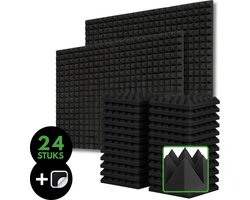 Akoestische Panelen - 24 Stuks - Inclusief Dubbelzijdige Stickers - Pyramide Patroon - 2,16 m² Oppervlakte - 30cm x 30cm - 5cm Dik - Geluidsisolatie - Isolerend - Akoestisch wandpaneel - Akoestische wanddecoratie - Zwart