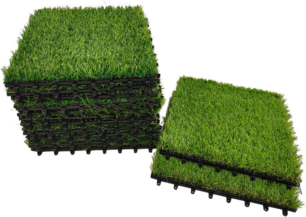 Kunstgras Tegels - Buiten vloerbedekking - Tuin en balkon - Houdt vocht tegen - 30x30 cm - Groen