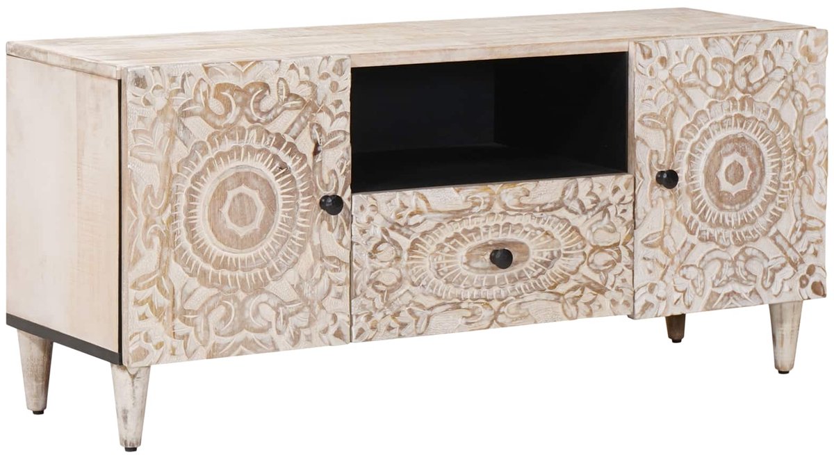 vidaXL - TV - Kast - met - lade - Wit - 105 - x - 33,5 - x - 46 - cm - Massief - Mango - Hout