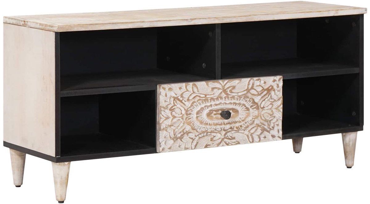 vidaXL - TV - Kast - met - lade - Wit - 100 - x - 33,5 - x - 46 - cm - Massief - Mango - Hout