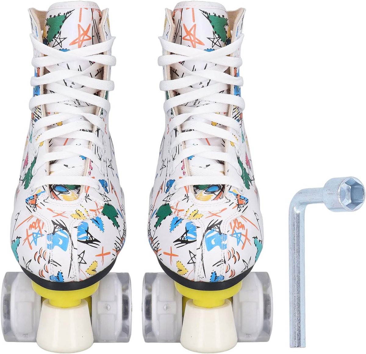 Rolschaatsen Dubbele Rij Quad Skates Binnen En Buiten Voorste Steunkolom – Witte Graffiti