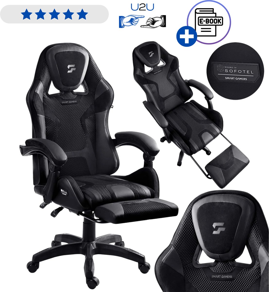 Sofotel Specter Gaming Stoel - Ergonomische Gamestoel - Gaming Stoel - Gaming Chair met Voetensteun en Verstelbare Rugleuning tot 140° - Draaibare Gamestoel met Wielen en Hoofdsteun - Belastbaar tot 120 kg Met Ebook