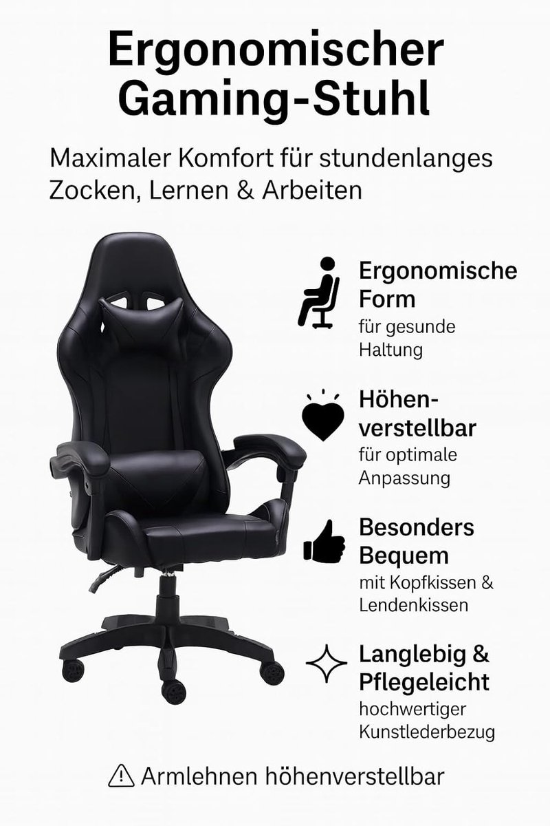 Ergonomische Stoel - Comfort Stoel - Thuiswerken Gamen - 180 Graden Ligfunctie - Verstelbare Hoogte - Zwart