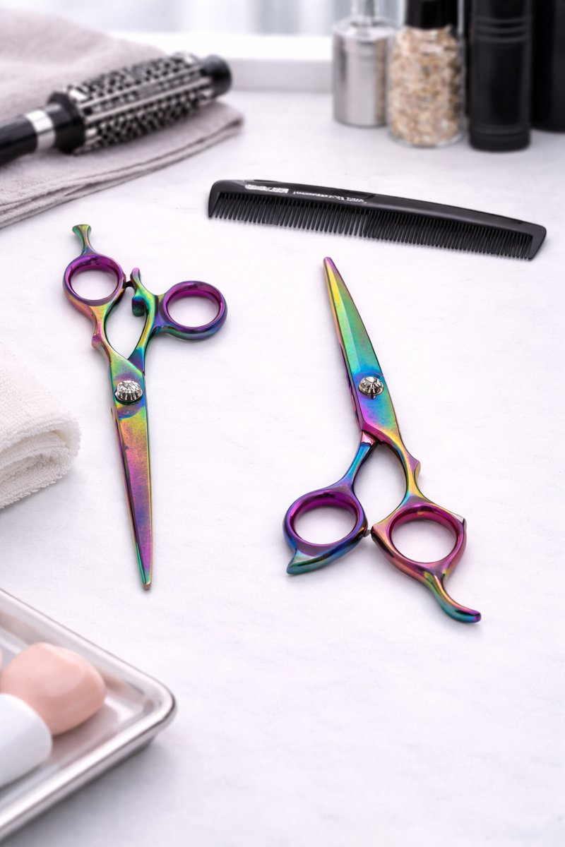Belux Surgical Instruments – Regenboog Kappersset: 2 Kapperscharen + Haarkam – Inclusief Gratis Etui – Professionele Haarschaar Set