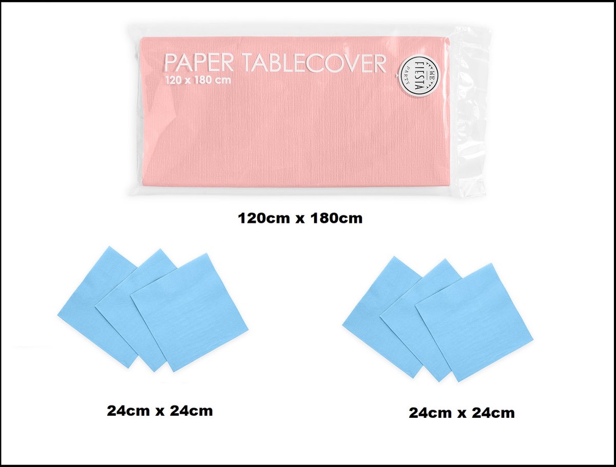 1x Tafelkleed papier roze 120cm x 180cm + 40x Cocktail servetten licht blauw 24cm x 24cm 3 laags