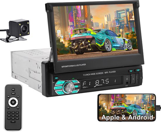 ESSGOO 1Din Autoradio - 7" HD Touchscreen Handmatig Opvouwbaar Scherm - MirrorLink- USB, AUX, TF, FM - Achteruitrijcamera
