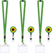 Driedelige naambadge set - Sleutelkoord met zonnebloemmotief - Inclusief kaarthouder en ID-clip - 3 stuks