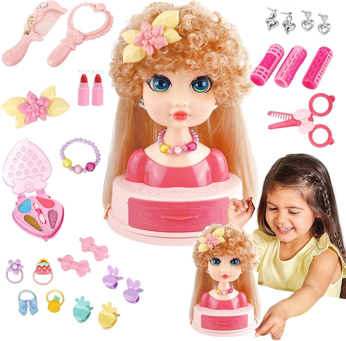 Kappershoofd Kinderen - Oefenhoofd Haar - Leren Vlechten - Inclusief Accessoires - 30x30x18 cm