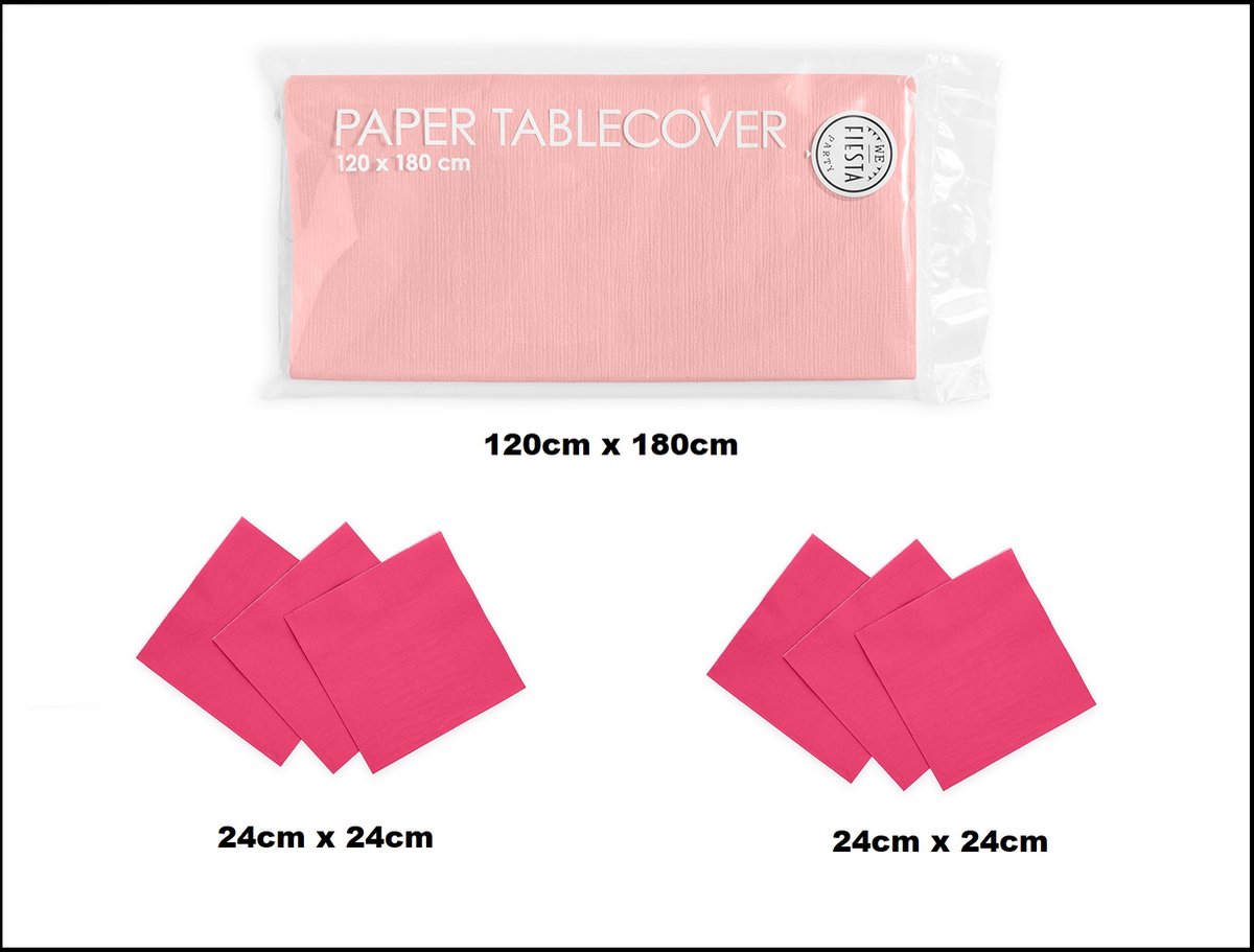 1x Tafelkleed papier roze 120cm x 180cm + 40x Cocktail servetten pink 24cm x 24cm 3 laags