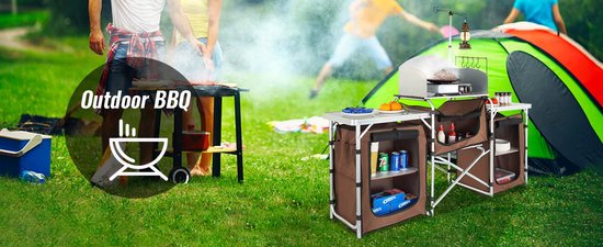 Opvouwbare Camping Keukentafel met Aluminium X-frame - Draagbaar Kookstation met Opbergruimte- BBQ & Picknick Tafelblad - MDF en Oxford Tas - Zwart — afbeelding 2