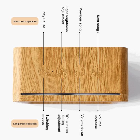 Slaapgeluidsmachine - Witte ruis apparaat - Ontspannend slapen - Geïntegreerd nachtlampje - 11.5 cm breed - Houtnerf van Slaapgeluidsmachine — afbeelding 3
